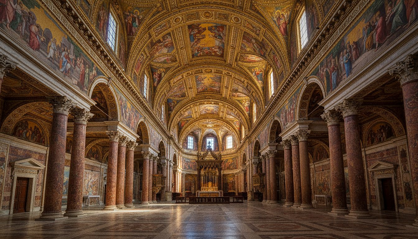 Interno affrescato di un'antica basilica romana con luce dorata