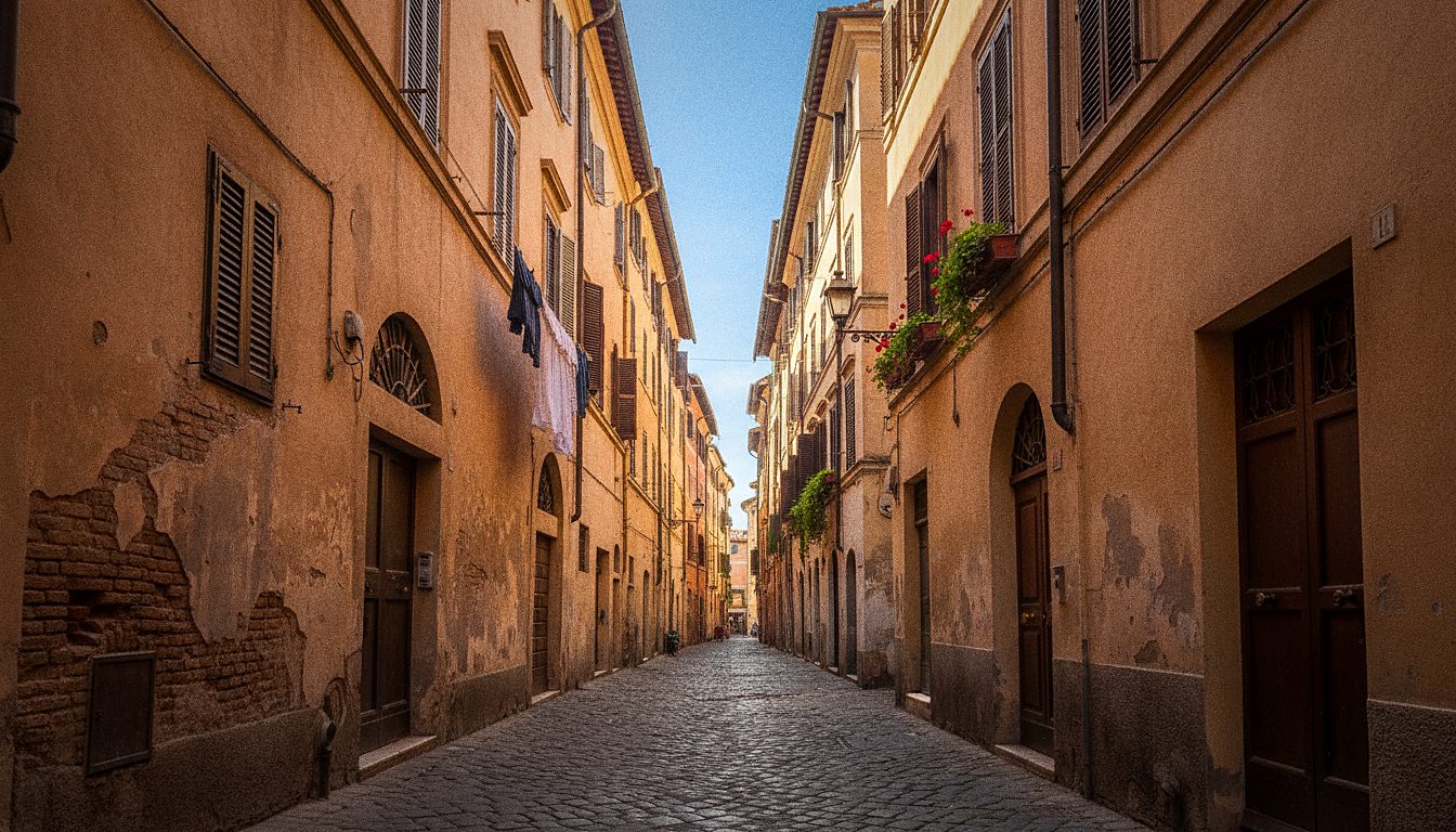 Vicolo pittoresco di un centro storico italiano al tramonto
