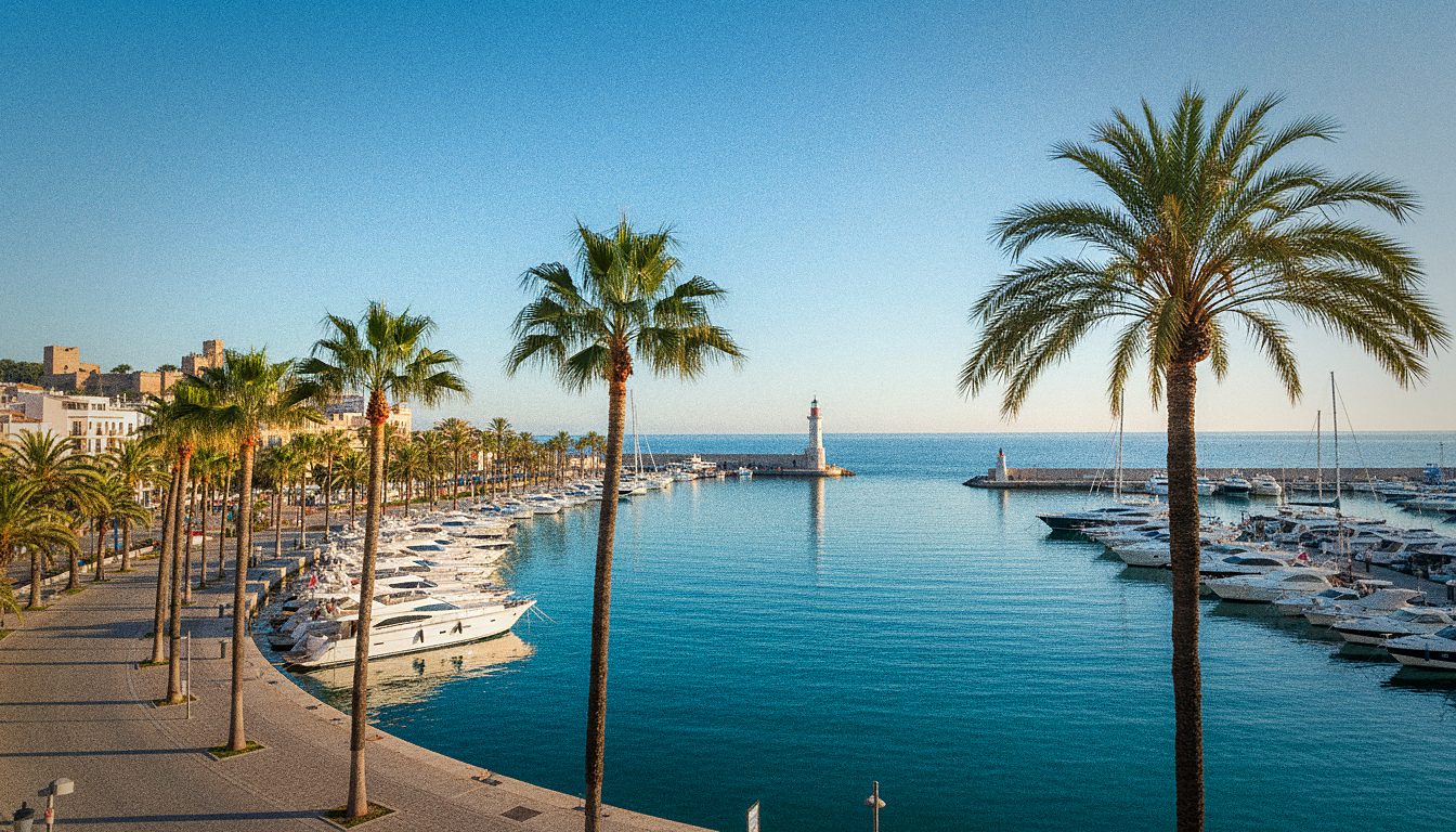 Porto di Malaga con palme e mare turchese al tramonto