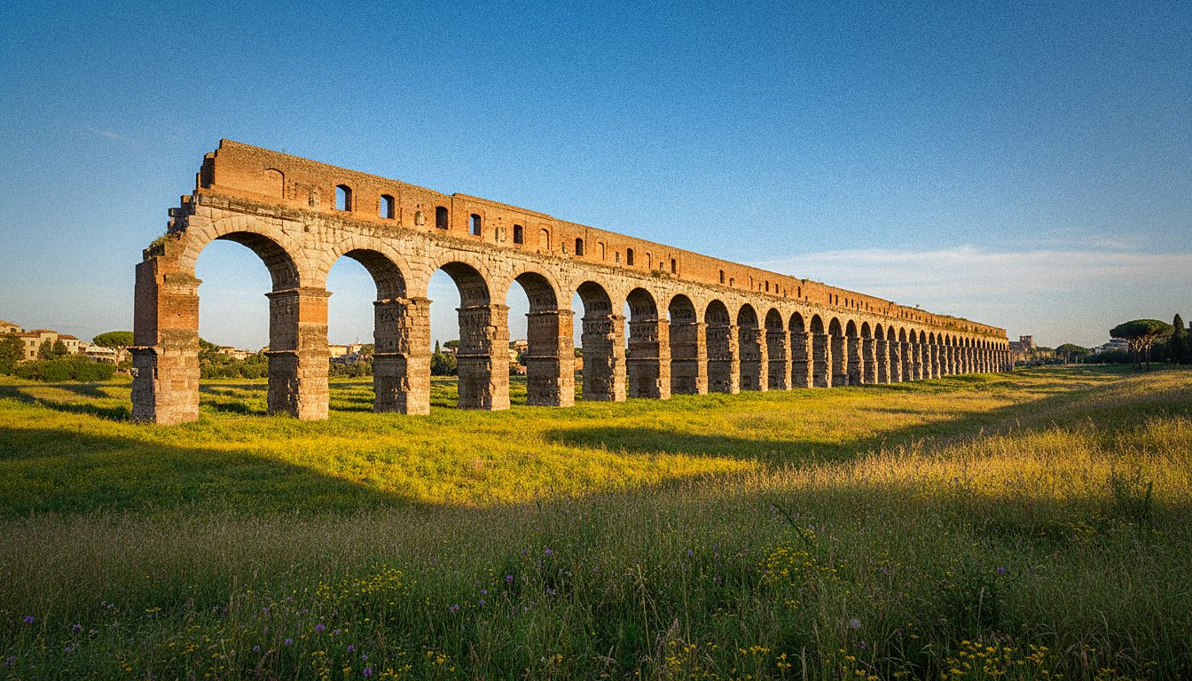 Antico acquedotto romano tra i prati del Parco degli Acquedotti a Roma