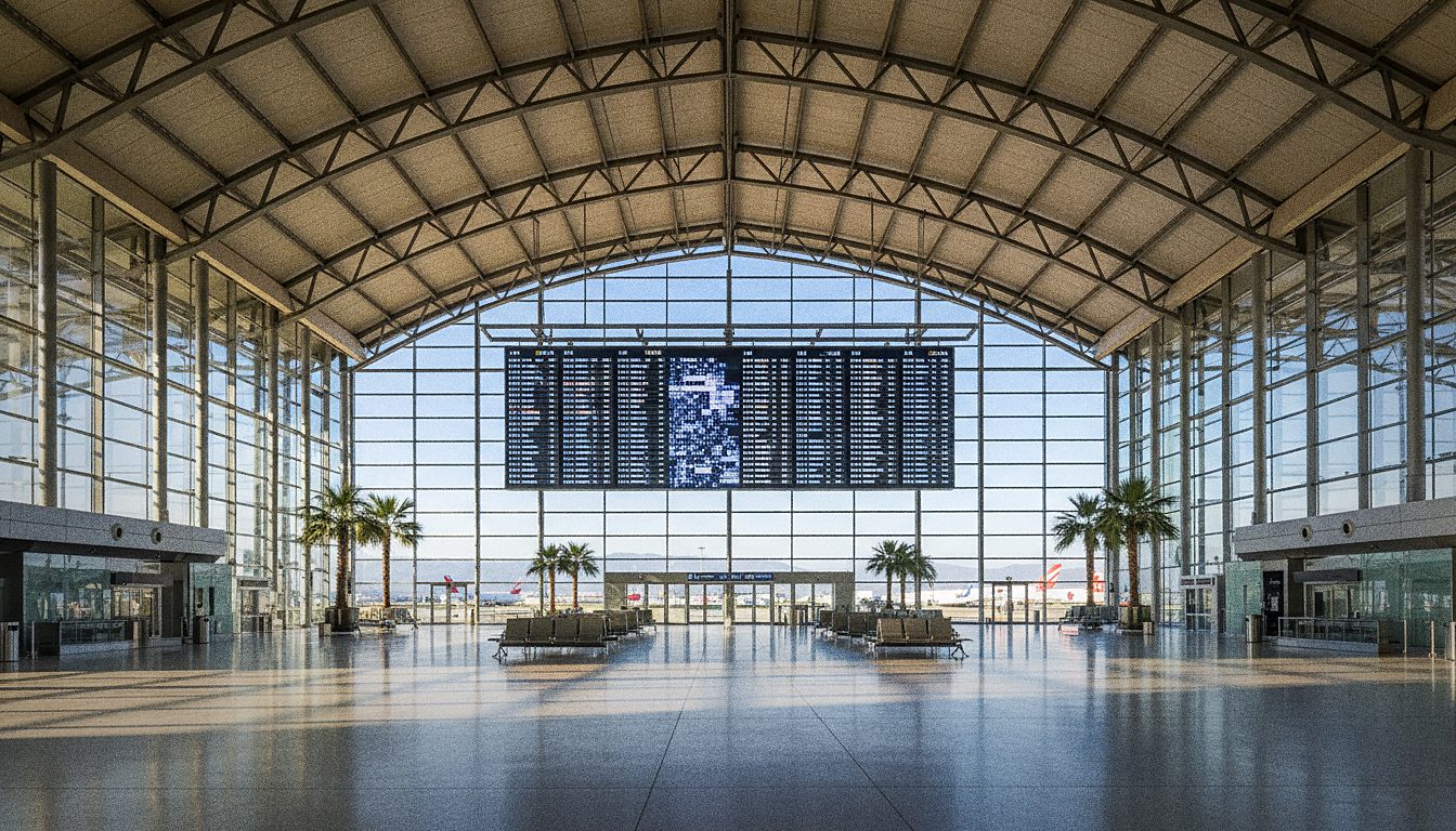 Tabellone arrivi e partenze in un aeroporto internazionale